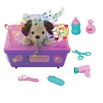 Pet Salon Play Set Plush Dog Toy Portable Carrier for Small Pets Pink Puppy Grooming & Washing Preschoolers Age 3 4 5 Years