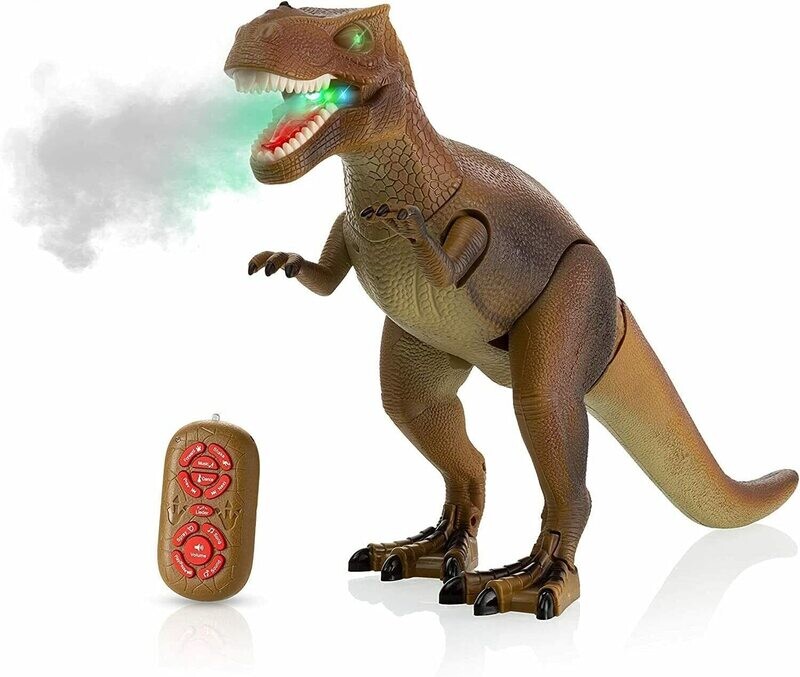 T-Rex Dinosaur Toy Robot with Remote Control Moving Head Lights Roaring Sounds - Electronic Pets Brown