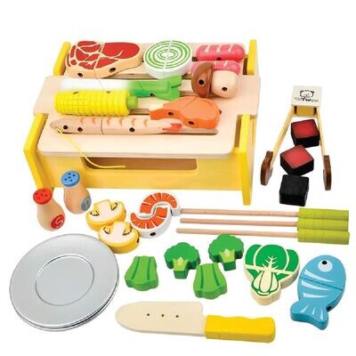 Wooden BBQ Grill Play Food Set Pretend Play Toy with Cooking and Cutting Utensils Educational Toy Gift for Boys and Girls. Brand VALESSATI