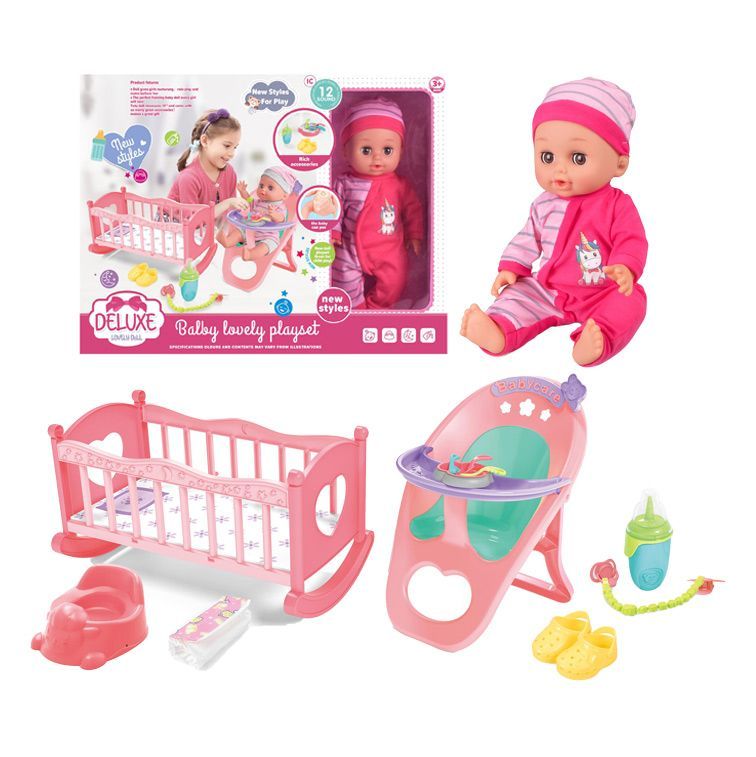 Baby Doll Toys Set 14 in whit 25 Pices with Doll, High Chair Seat, Crib, Milk Bottle for +3 Girls Boys.