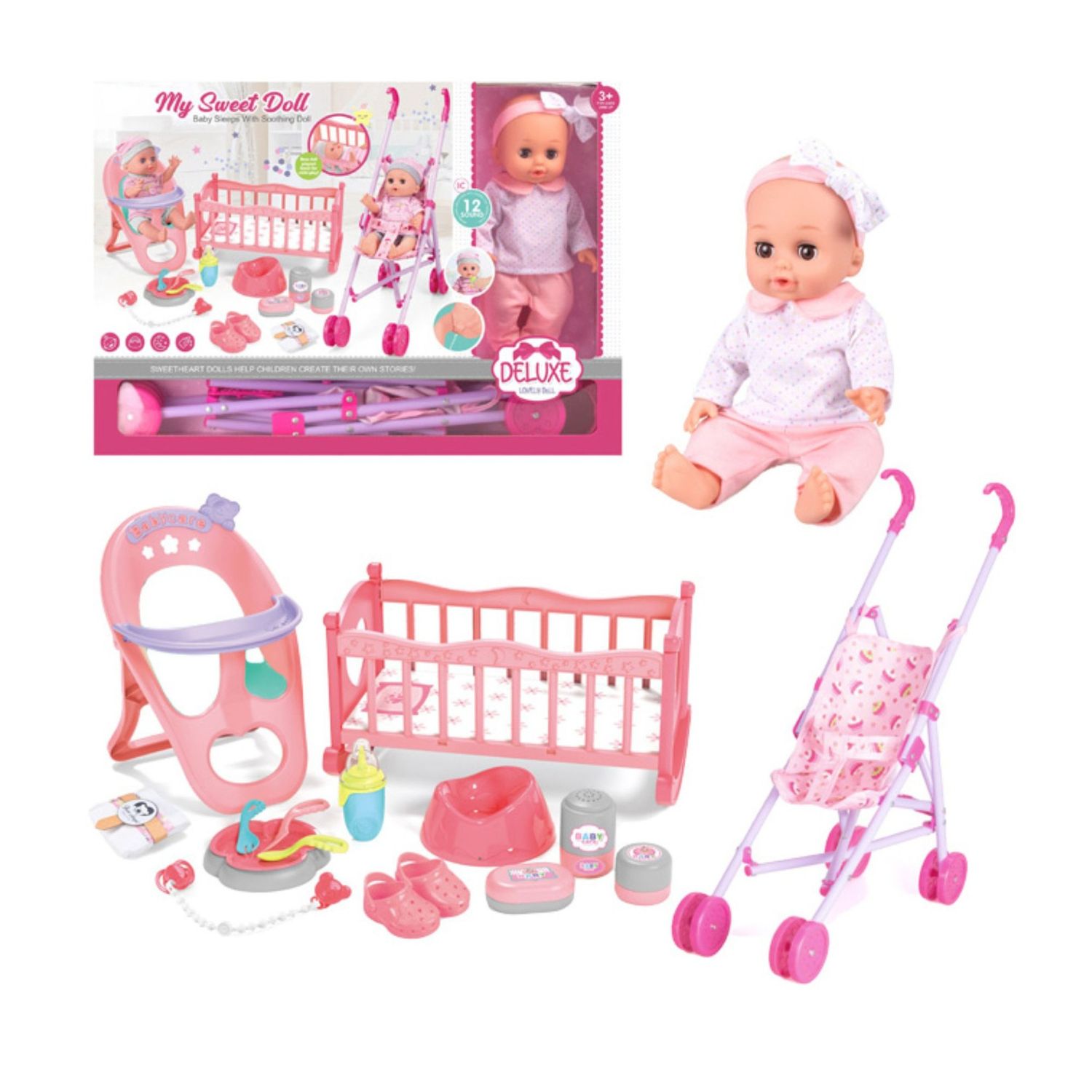Baby Doll Nursery Playset w/ Stroller, Crib & High Chair +3 Years