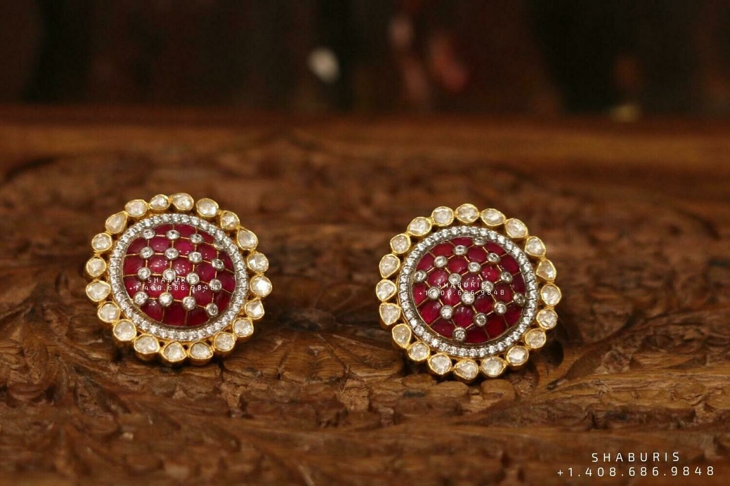 Ruby stud,polki stud,polki diamond jewelry in silver,big studs,indian jewelry,statement jewelry-SHABURIS