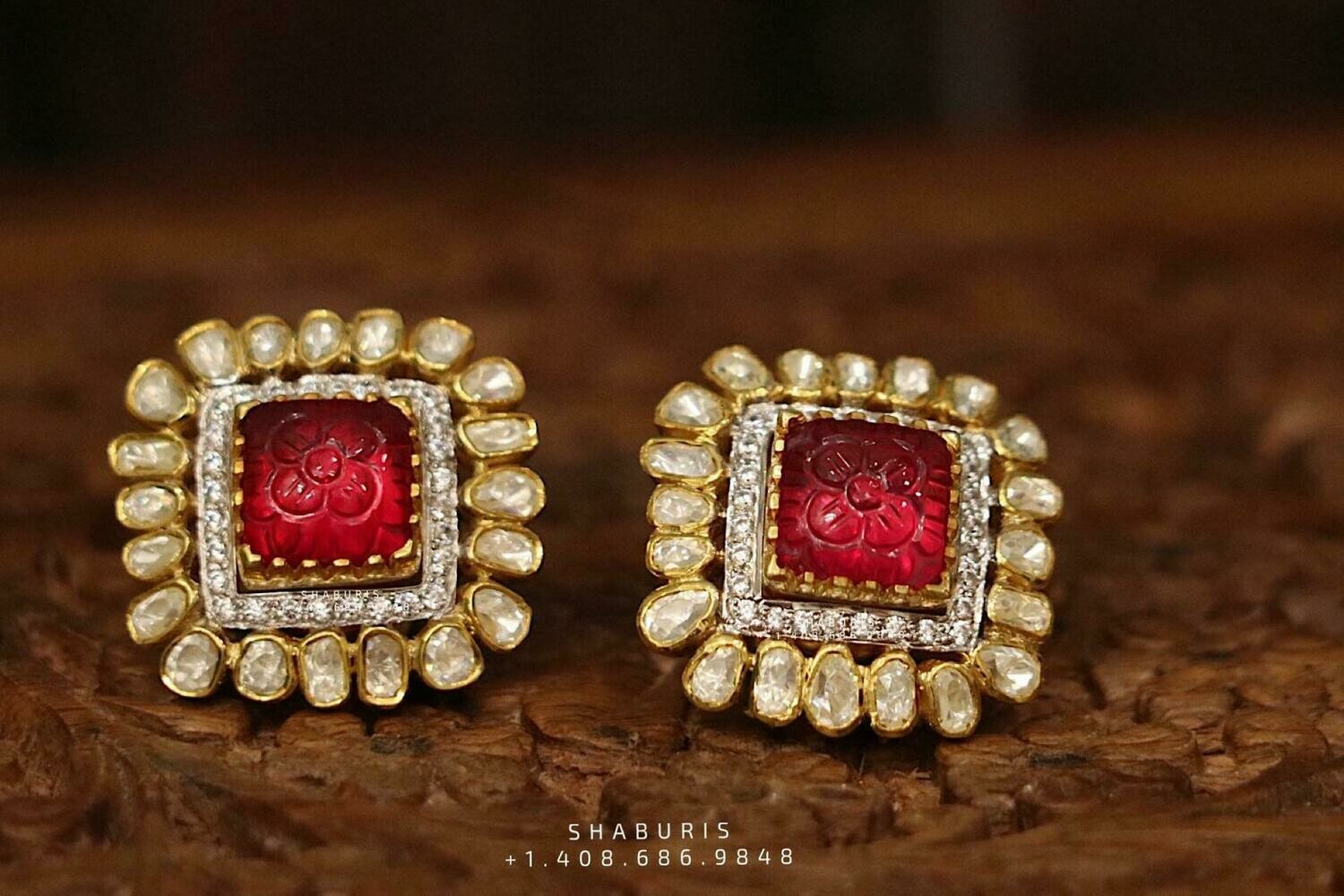 Ruby stud,polki stud,polki diamond jewelry in silver,big studs,indian jewelry,statement jewelry-SHABURIS