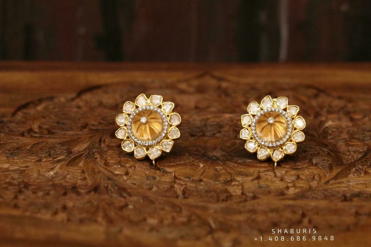 Polki earrings,South Indian coral jewelry ,polki studs,uncuts statement jewelry simple stud Jewelry,pure Silver indian jewelry-m-SHABURIS