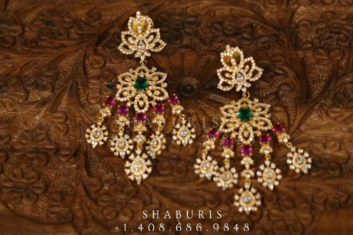 Diamond Jhumka,diamond chandbali,diamond earrings indian,detatchable diamond jhumka,swarovski diamond jhumka,chandbali earrings-SHABURIS