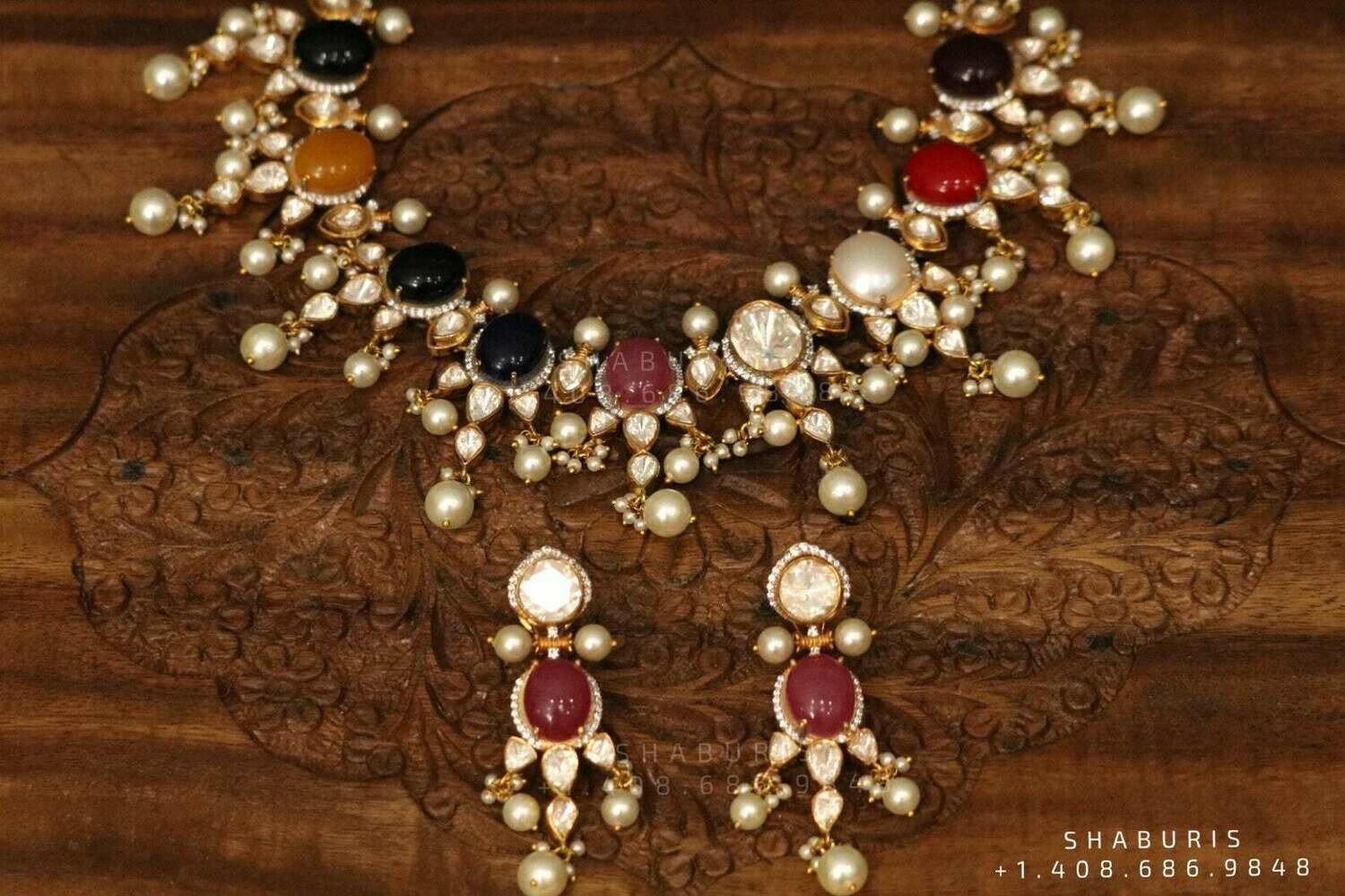 Diamond necklace Jewelry,Pure Silver Jewellery,Navaratan Necklace,Big Indian studs,Indian Bridal,Indian Wedding Jewelry-NIHIRA-SHABURIS