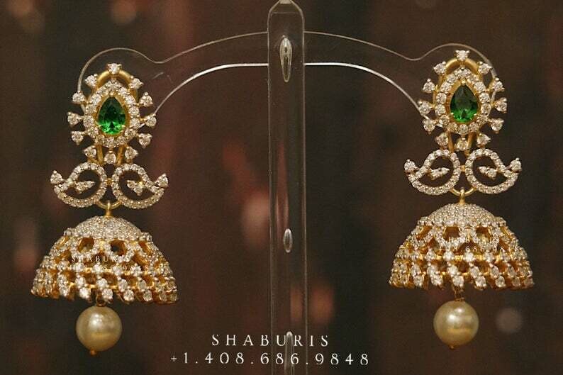 Diamond jhumka diamond buttalu diamond earrings emerald stones diamond jhumka pure silver jewelry diamond jewelry bridal custom made jewelry
