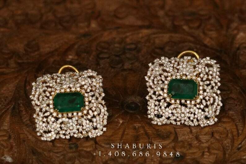 Diamond studs ,Pure Silver Jewellery Indian ,Big Stud,diamond jhumka ,Indian Bridal,Indian Wedding Jewelry-NIHIRA-SHABURIS