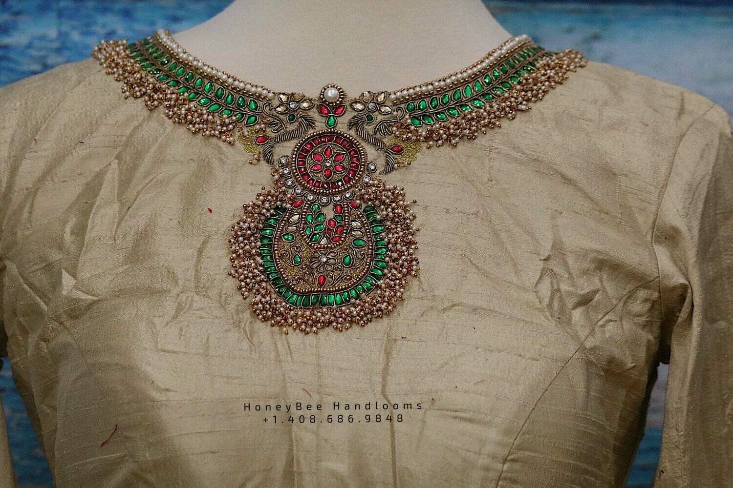 Jewelry work designer blouse - Pattu Saree Blouse -Maggam work blouse - Kundan work blouse - Saree Blouse - Gold Saree Blouse - Gold Blouse