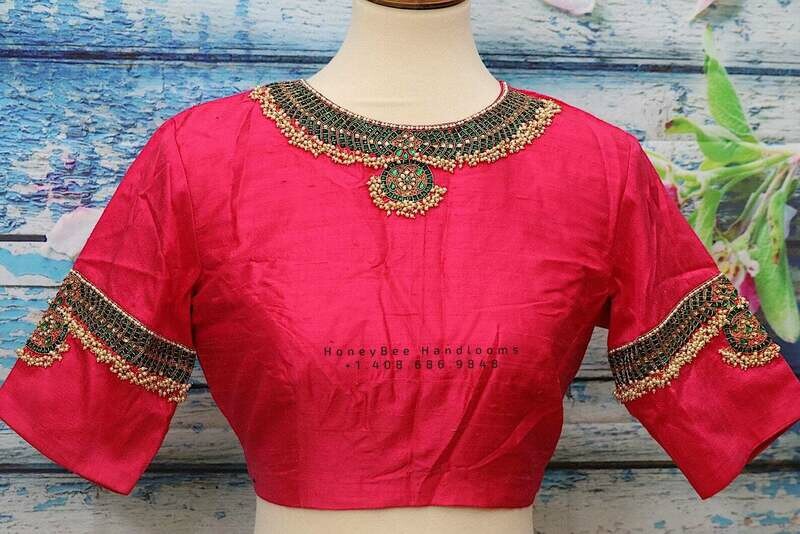 Jewelry work designer blouse - Pattu Saree Blouse -Maggam work blouse - Kundan work blouse - Saree Blouse - Pink Saree Blouse - Pink Blouse