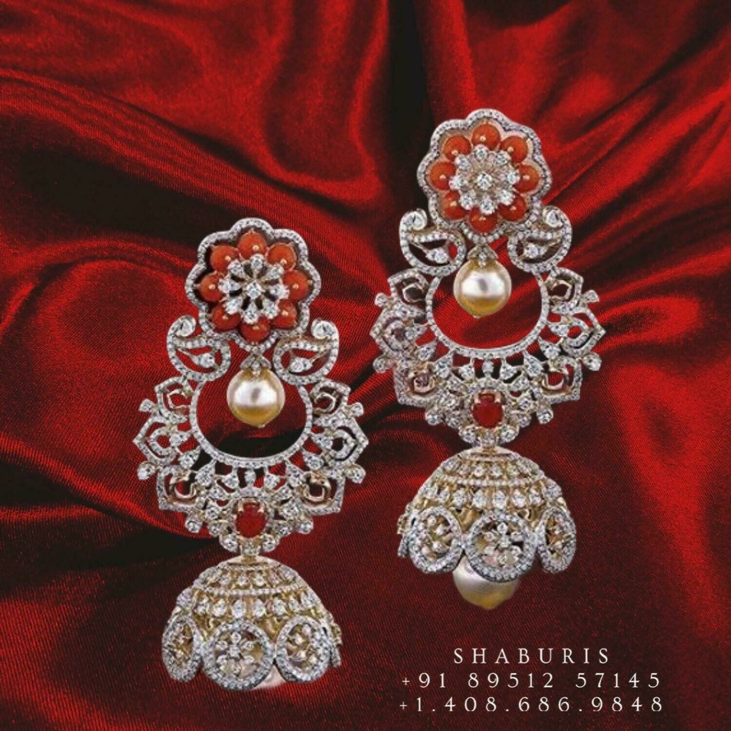 Diamond jhumka,coral Diamond Jhumka Jewelry Designs,South Indian Jewelry,Jhumka Earrings,Jhumki,coral indian jewellery Designs -NIHIRA