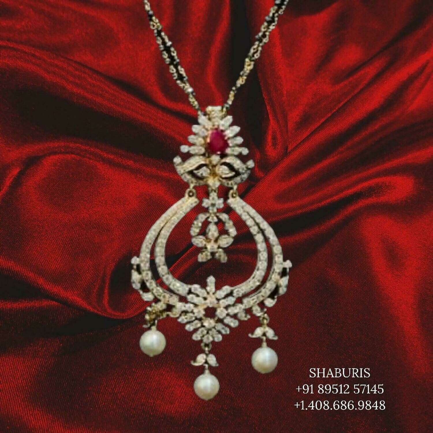 Diamond Mangal sutra,ruby pendant,black bead jewelry indian mangalsutra pure silver jewelry diamond jewelry -SHABURIS