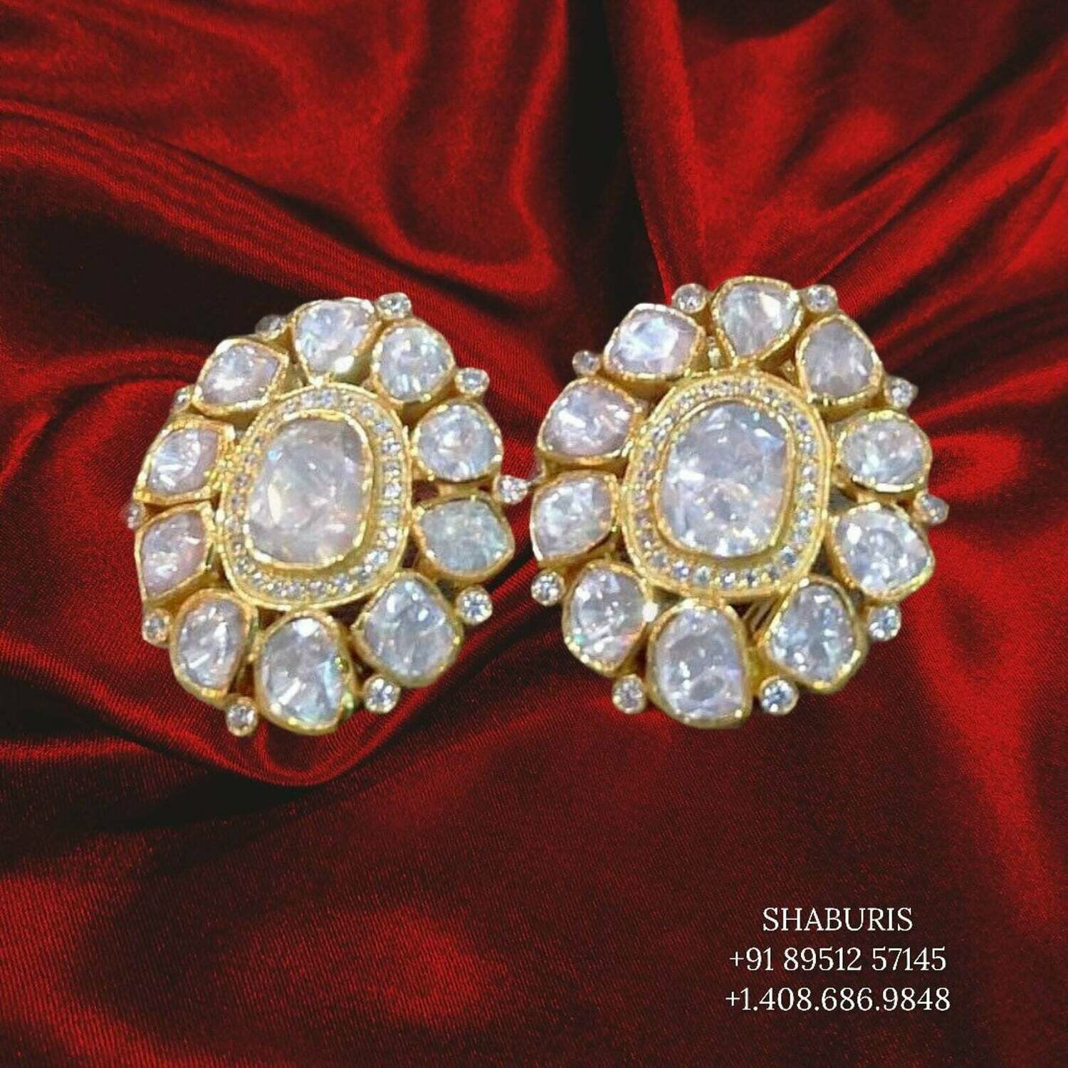 Polki earrings,South Indian Jewelry,Moissanite Earrings,Indian Bridal,Indian Wedding Jewelry,pure Silver indian jewelry-NIHIRA-SHABURIS
