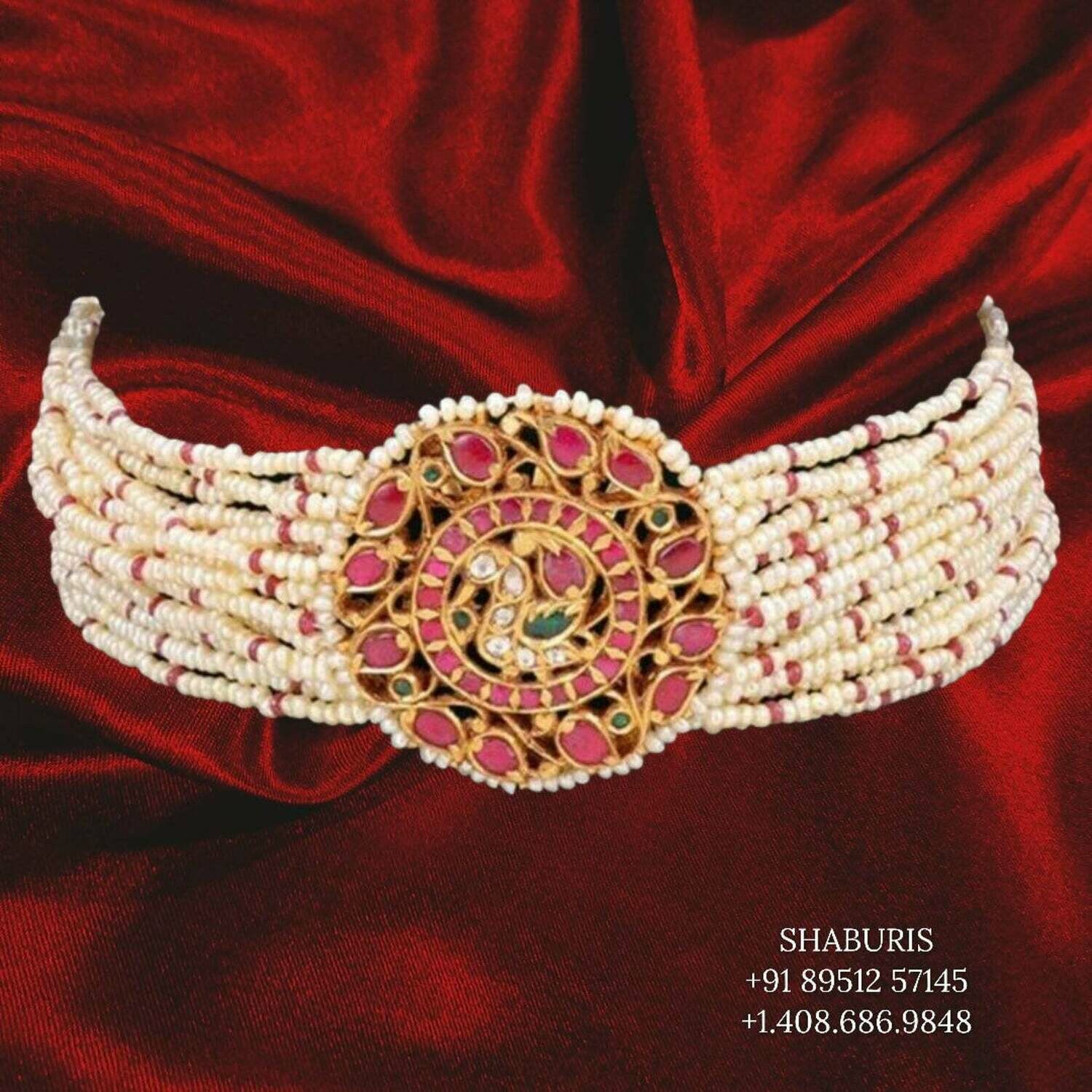 Pearl choker kundan choker ruby choker peacock choker jewelry sets indian jewelry ,latest indian jewellery Designs -NIHIRA