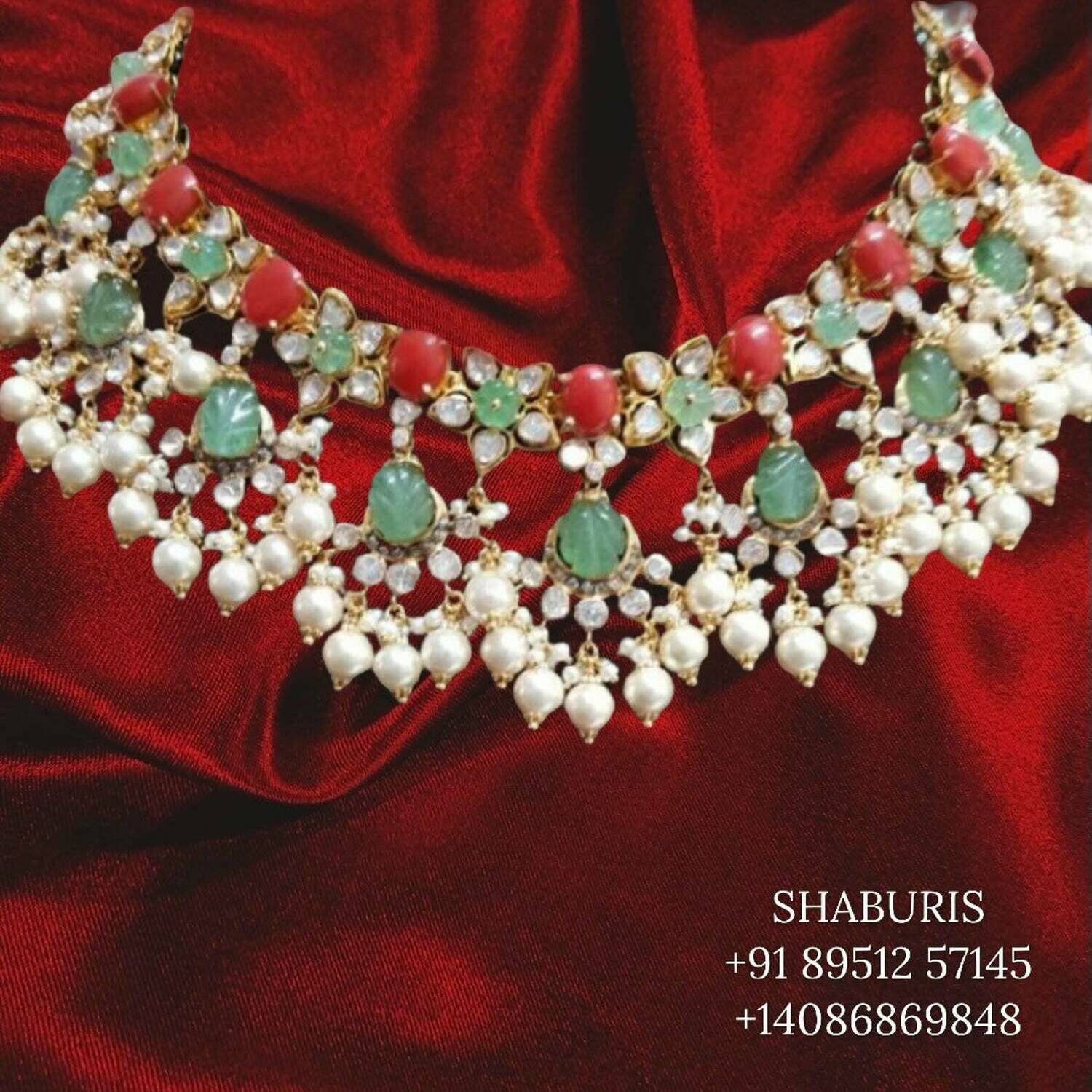 Polki necklace,coral necklace ,Polki Diamond Jewelry,Moissanites,Pearls,Fresh Water Pearl Jewelry,Bridal Haram SHABURIS