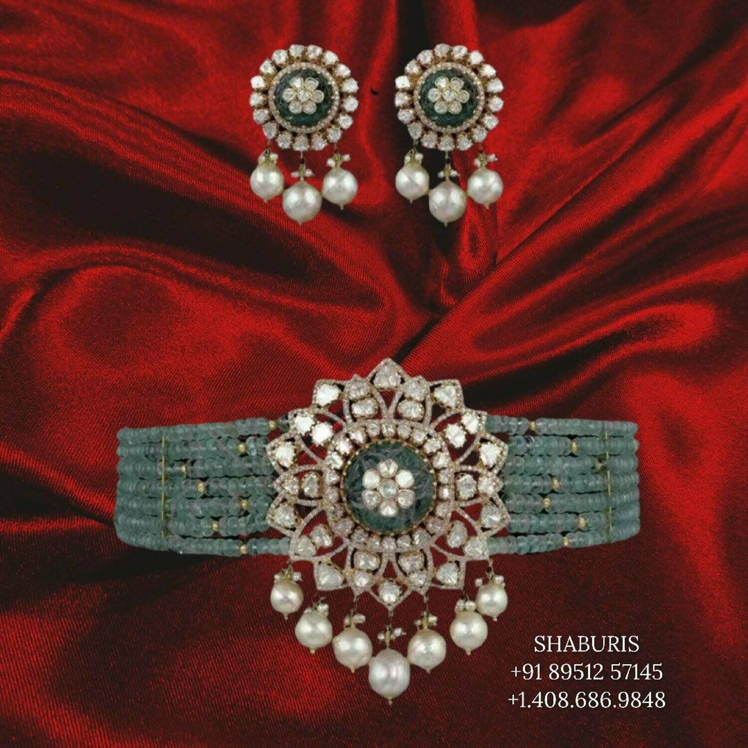 Emerald beaded choker pure silver polki jewelry indian jewelry diamond jhumka indian earrings beaded jewelry -SHABURIS