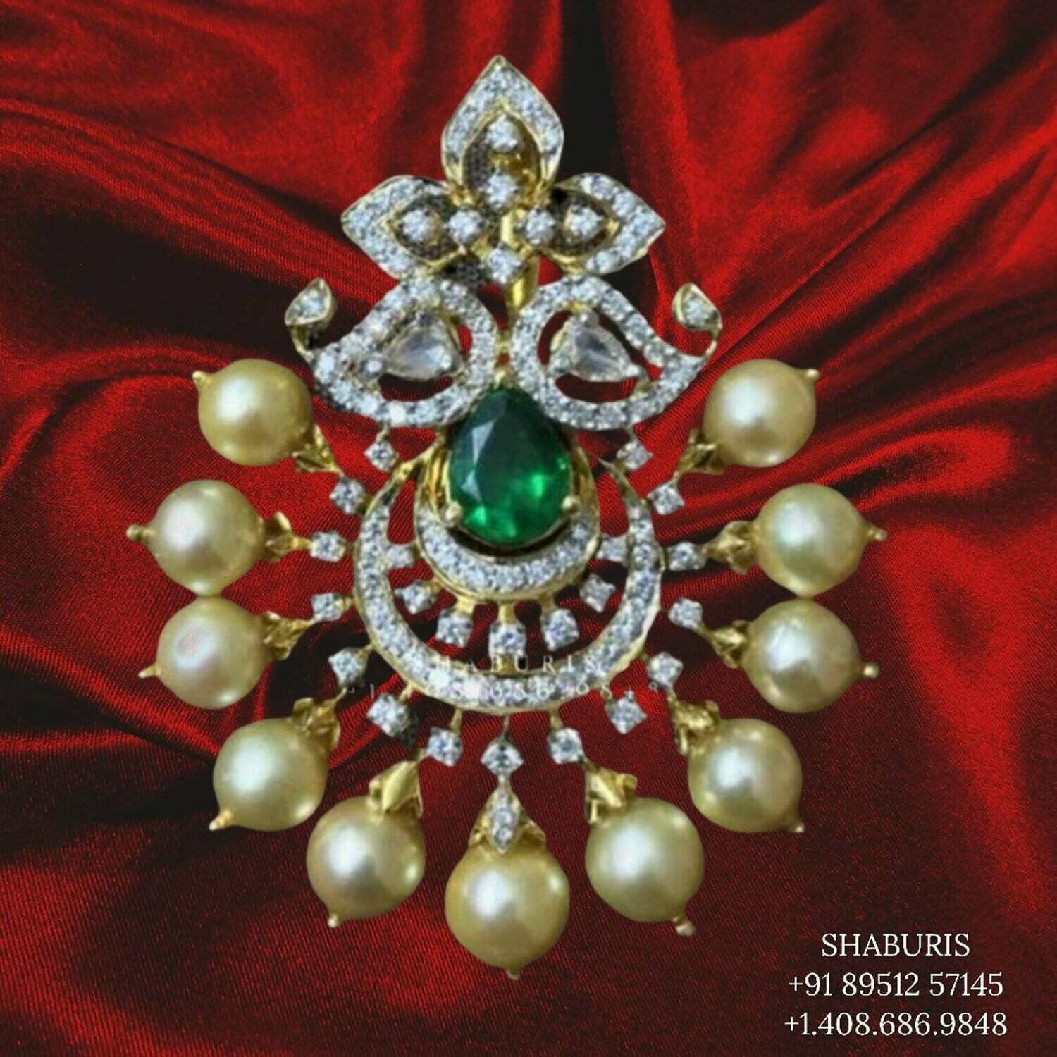 Diamond pendant south sea pearl pendant pure silver jewelry indian jewelry diamond maang tikka emerald gems bridal maang tikka -SHABURIS