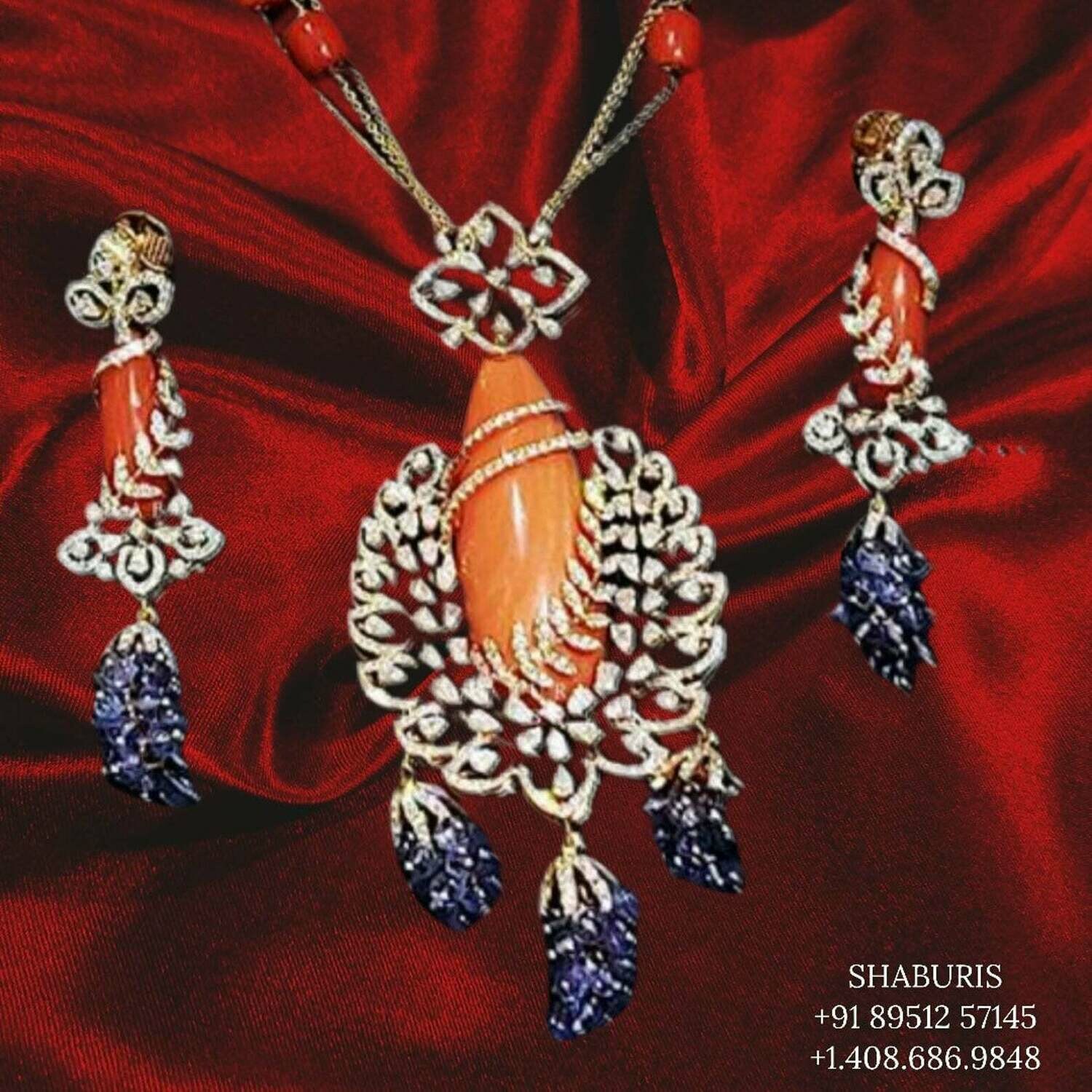 Coral mala,coral pendent,Pure silver coral choker Indian necklace ,Moissanite-NIHIRA-SHABURIS
