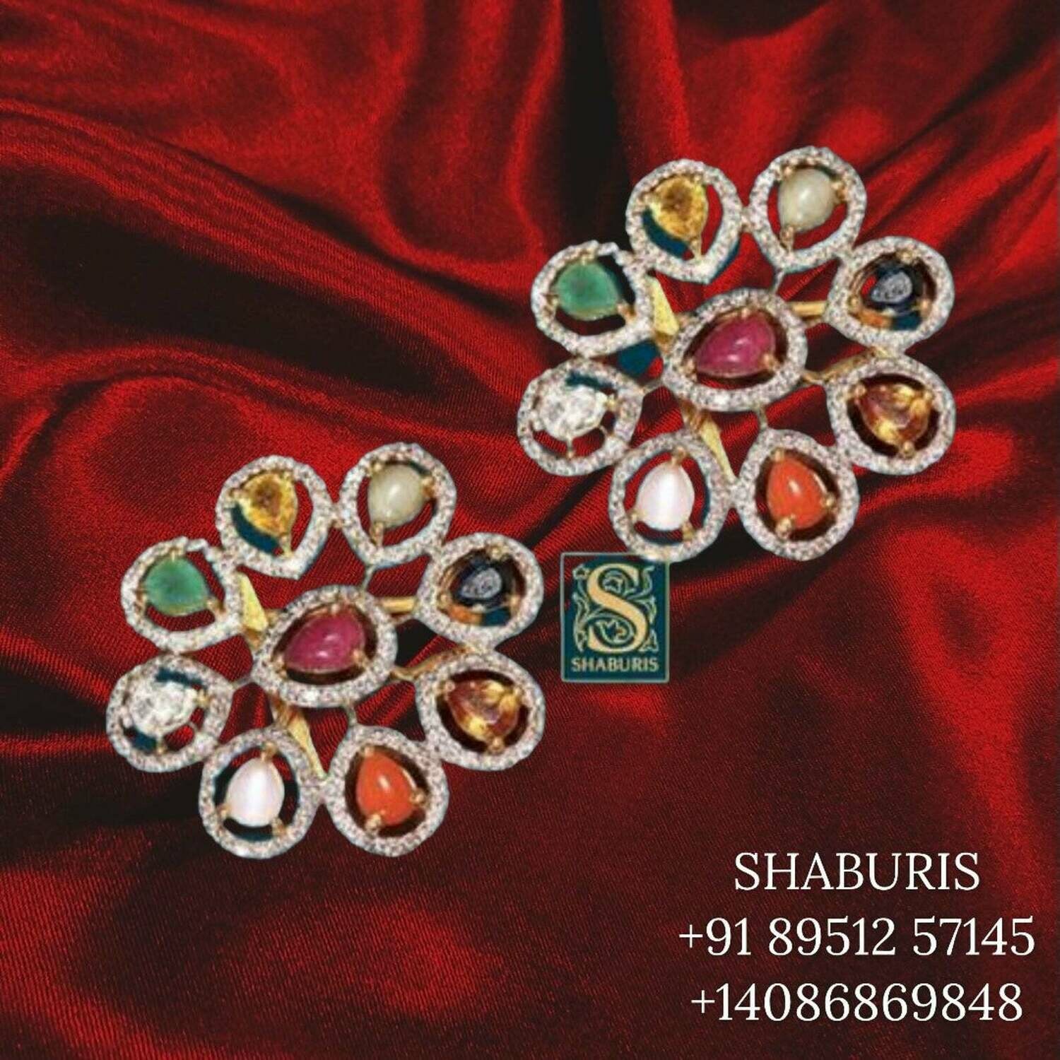 Diamond Jewelry,South Indian Jewelry,Navaratan Earrings,Indian Bridal,Indian Wedding Jewelry,pure Silver indian jewelry-NIHIRA-SHABURIS