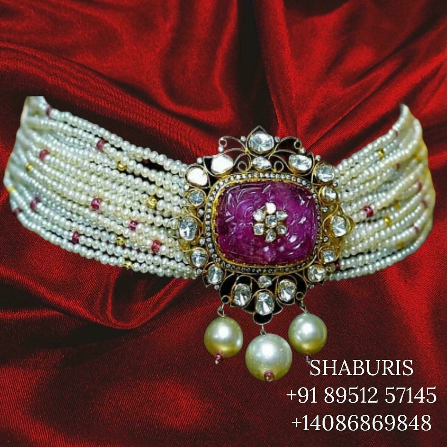 Polki Jewelry,Pure Silver Jewelry Indian ,pearl choker,ruby gem stone jewelry,Indian Bridal,Indian Wedding Jewelry-NIHIRA-SHABURIS