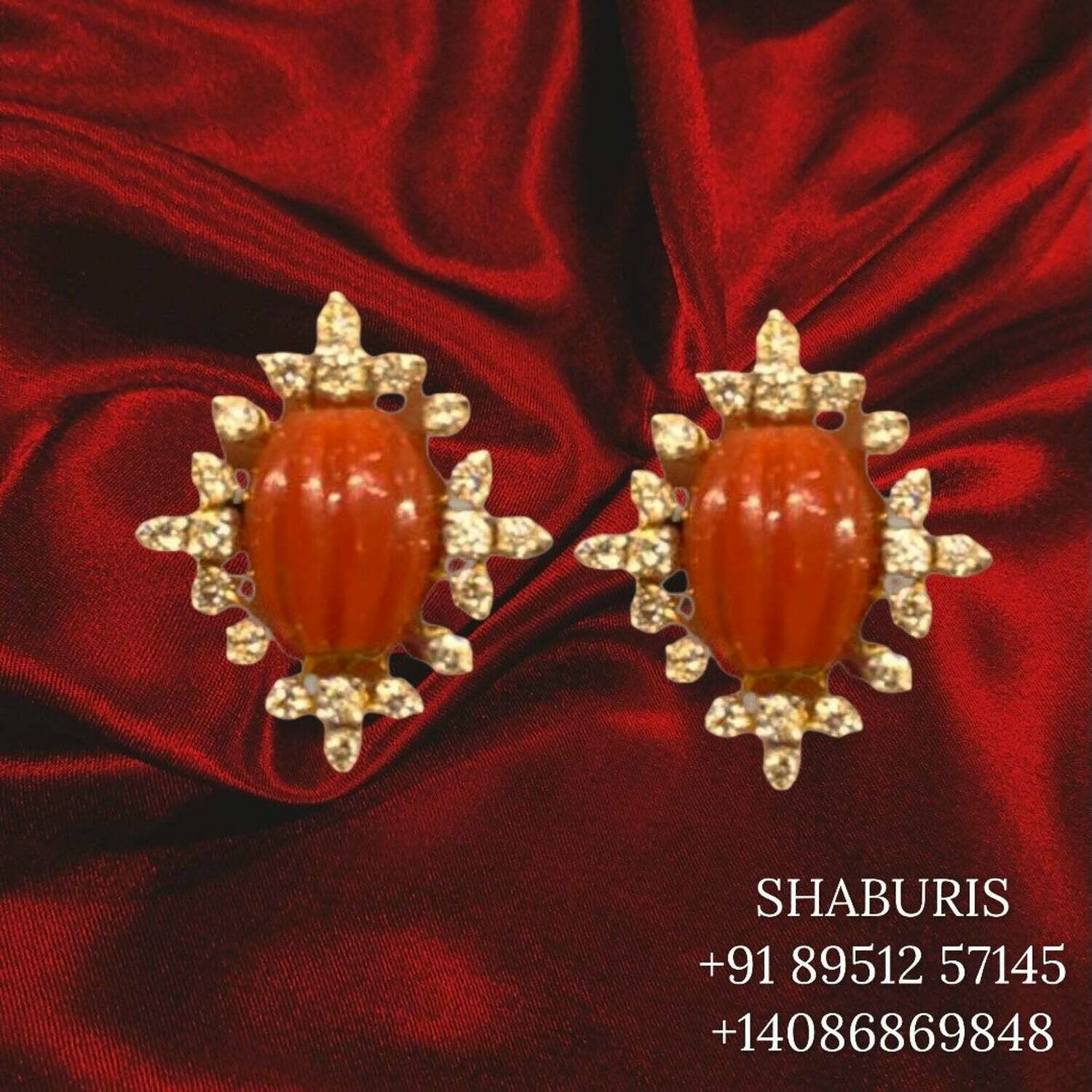 Coral gem stone jewelry pure silver jewelry diamond studs simple studs jewelry set indian diamond earrings 925 silver jewelry-SHABURIS
