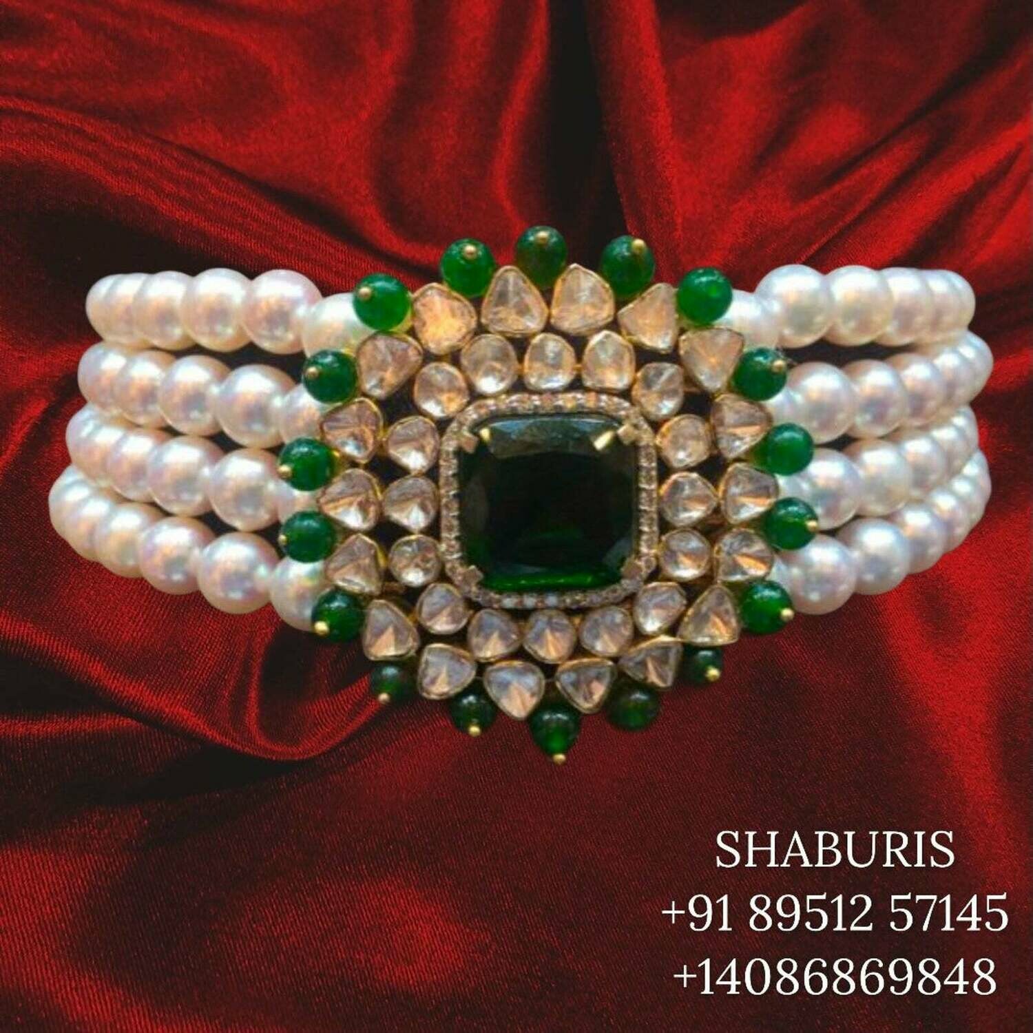 Pure silver Pearl choker gem stone jewelry sets polki diamond jewelry indian jewelry moissanites emeralds lyte weight choker sets -SHABURIS