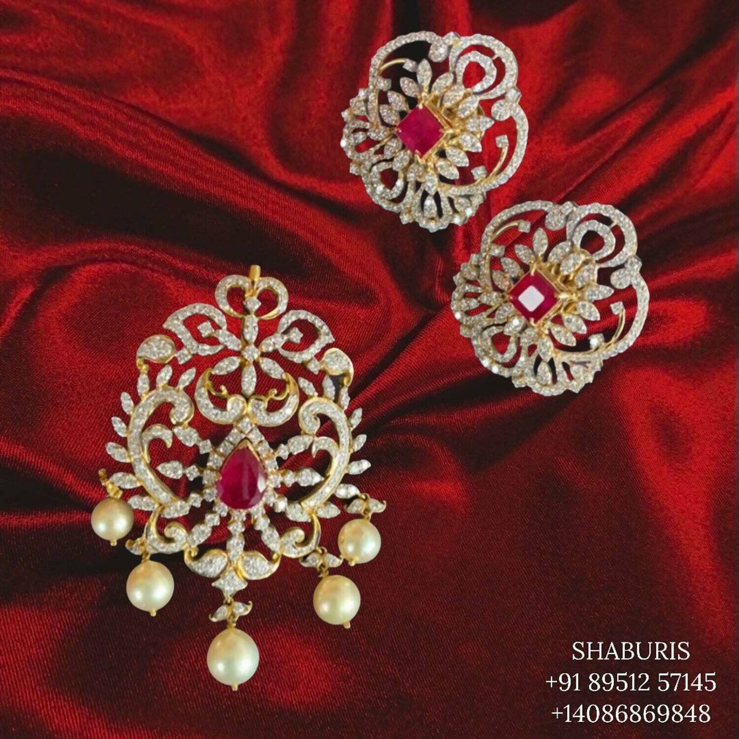 Diamond Pendant indian,South Indian jewelry,Pure silver diamond pendent,swarovski Pendent,Indian Wedding Jewelry -NIHIRA-SHABURIS