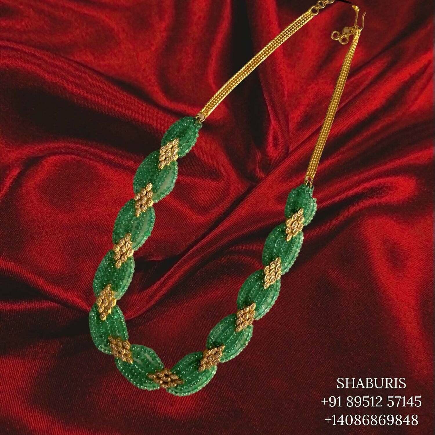 Emerald Bead Necklace, Beaded Jewelry,polki Indian Jewelry,Pure silver polki jhumka,Diamomd Jhumka,Indian Wedding Jewelry -SHABURIS