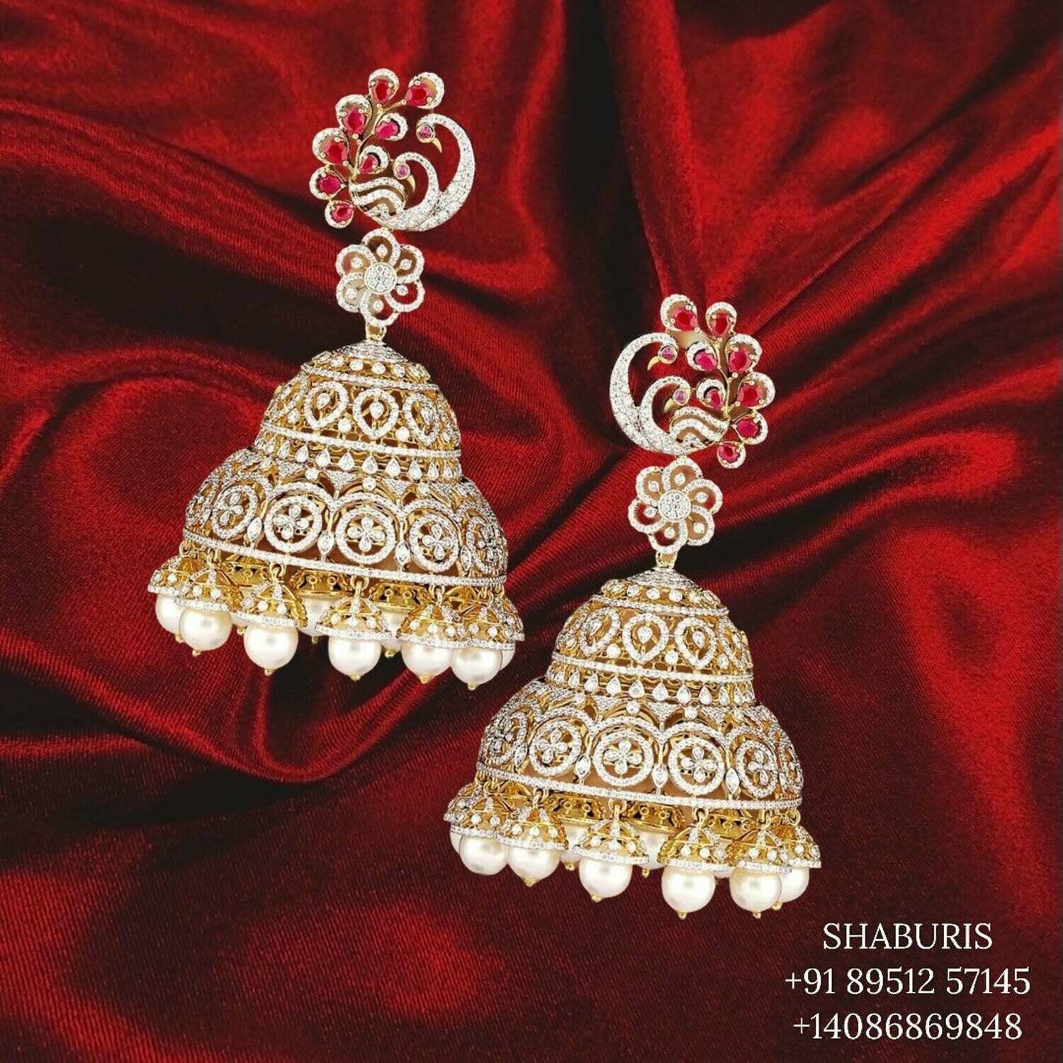 Diamond Jhumka,flat diamond studs ,diamond earrings indian,ruby diamond jhumka,swarovski diamond jhumka,emerald earrings,silver