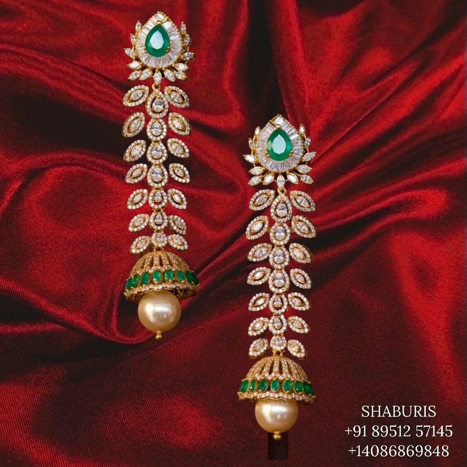 Indian gold Jewelry,Pure Silver jewelry Indian ,diamond jhumka ,diamond earrings,Indian Bridal,Indian Wedding Jewelry-NIHIRA-SHABURIS