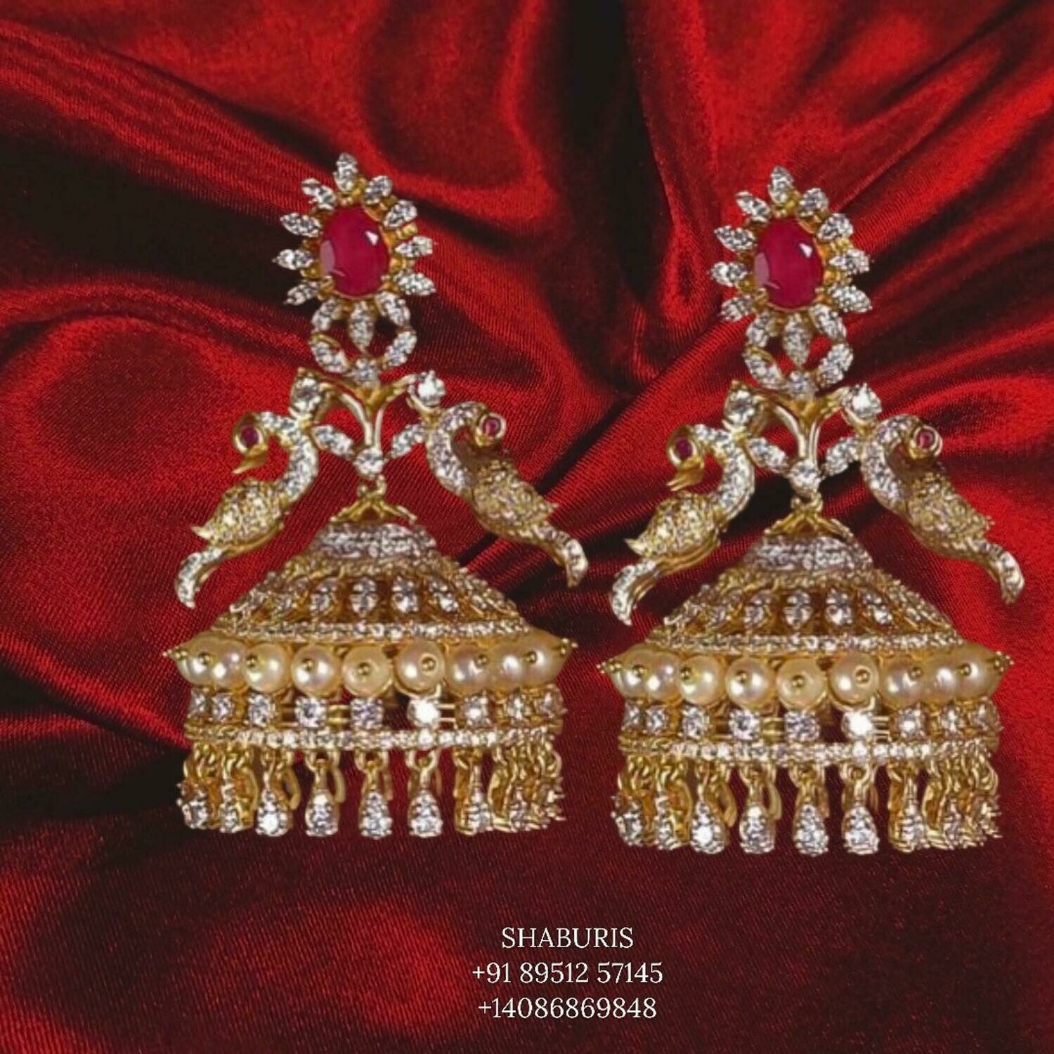 Peacock Jhumka,diamond buttalu,diamond jhumka indian,detatchable diamond jhumka,swarovski diamond jhumka,indian earrings,silver