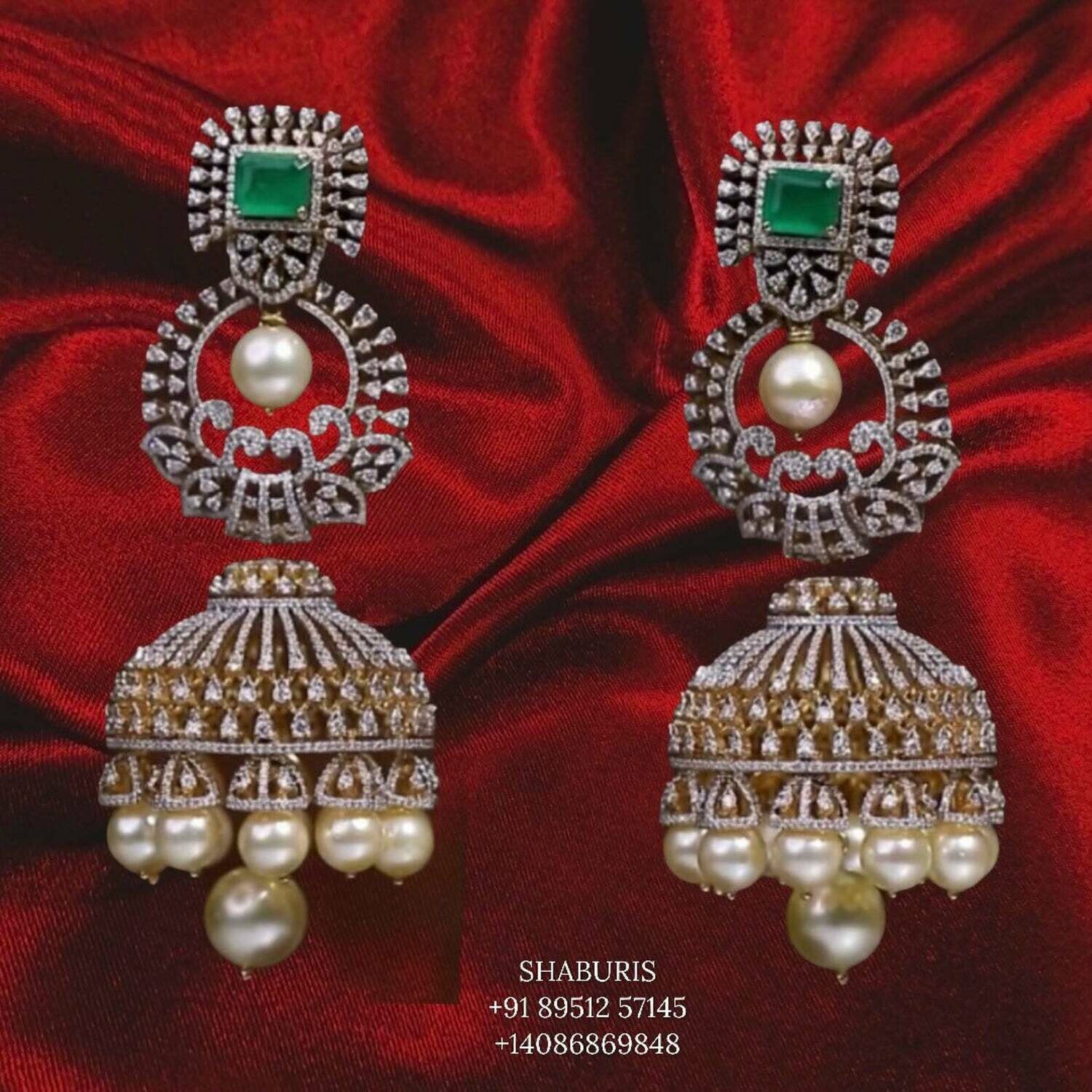 Latest Indian Jewelry,Pure Silver Jewellery Indian ,diamond jhumka ,diamond earrings,Indian Bridal,Indian Wedding Jewelry-NIHIRA-SHABURIS