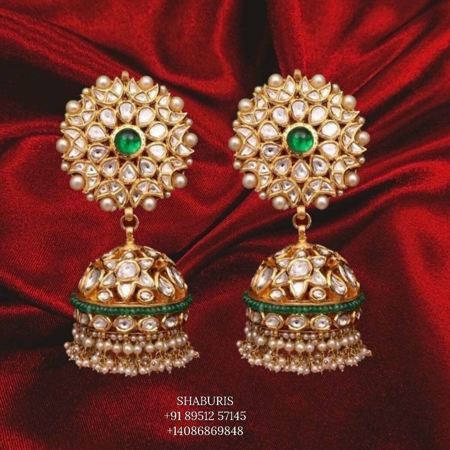 Gold Plated Pure Silver jewelry Indian,diamond jhumka,gold Jewelry,polki jhumka,Indian Bridal,Indian Wedding Jewelry-NIHIRA-SHABURIS