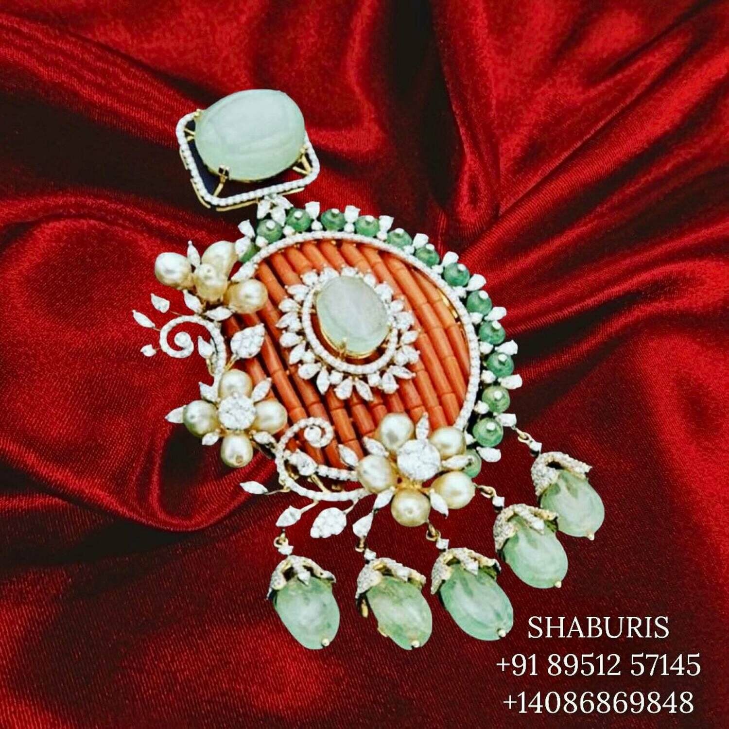 Diamond Jewelry,Pure Silver Jewellery Indian ,coral pendant,Indian jewelry,Indian Bridal,Indian Wedding Jewelry-NIHIRA-SHABURIS