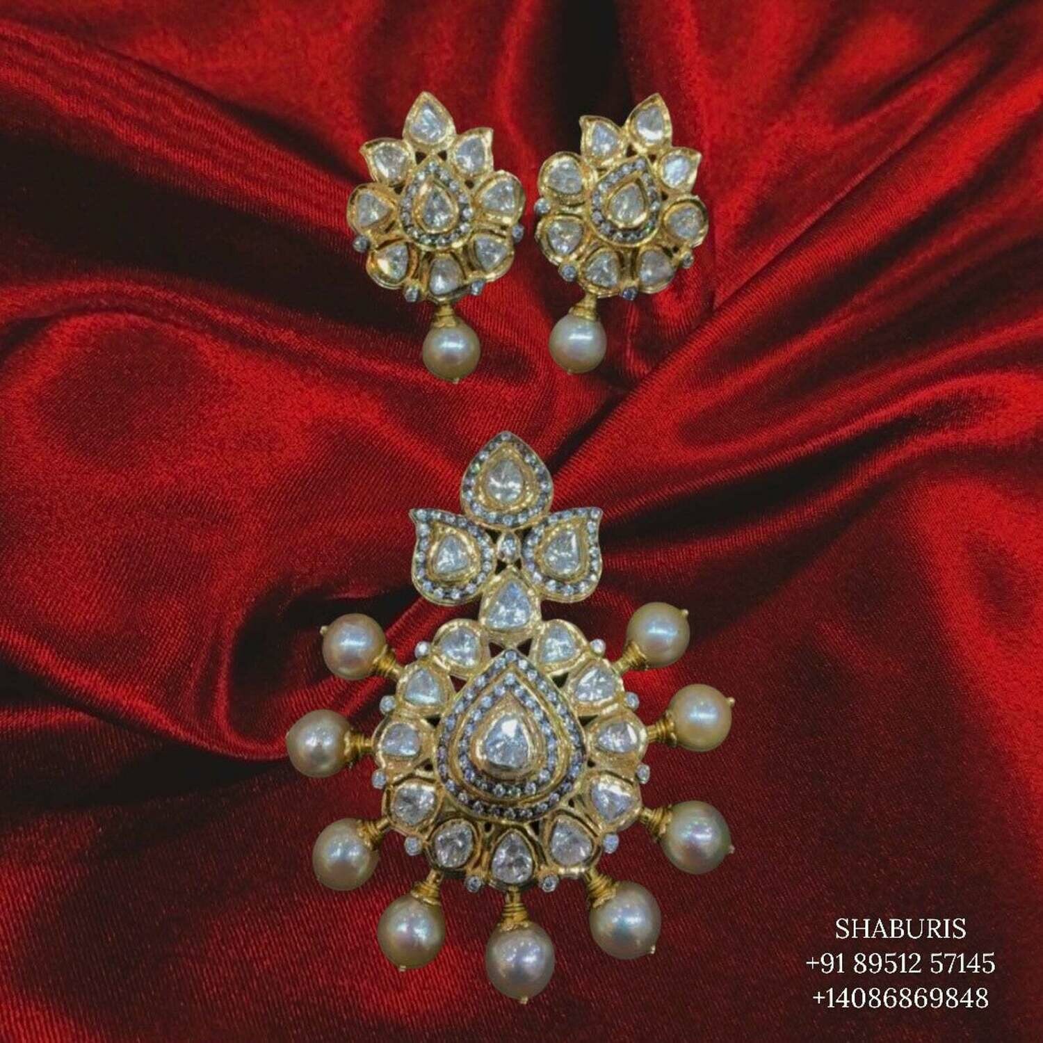 Polki pendant,Latest Indian Jewelry,South Indian Jewelry,Pure silver jewelry,south sea pearl,diamond pendent,diamond studs-SHABURIS