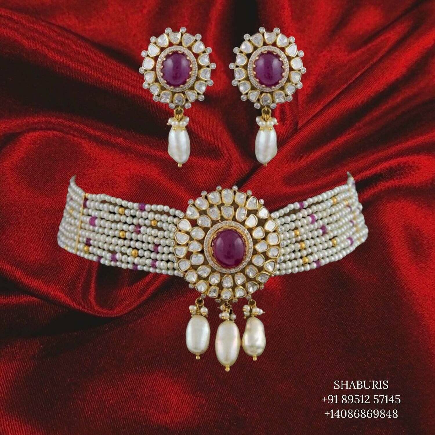 Diamond choker,Pastel bead pendent,Swarovski diamond necklace, pendent,Pure silver polki choker Indian necklace -Shaburis