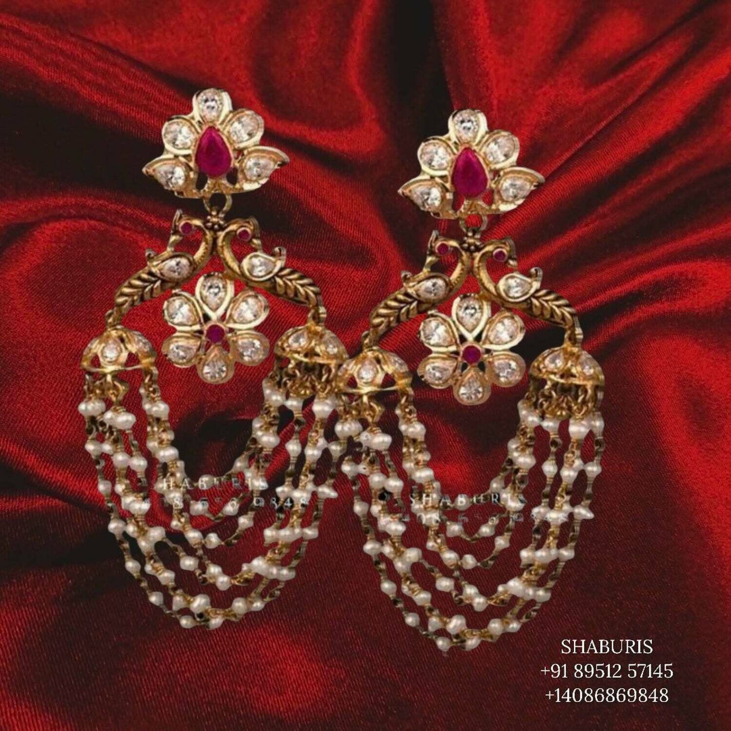 Diamond Jhumka,diamond chandbali,diamond earrings indian,detatchable diamond jhumka,swarovski diamond jhumka,chandbali earrings-SHABURIS