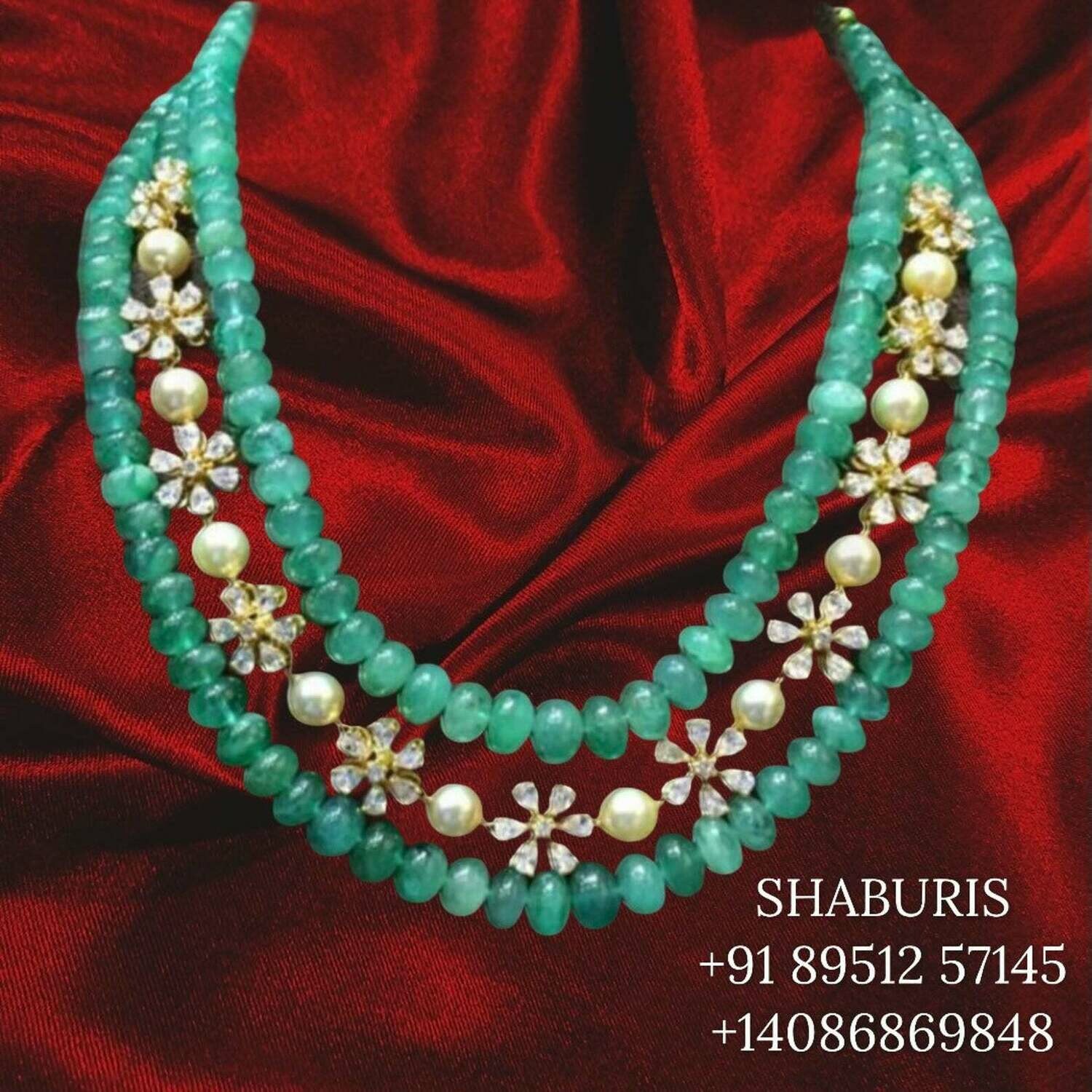 Emerald mala bead jewelry gemstone jewelry polki diamond emerald necklace pure silver jewelry south indian gold jewelry sets -SHABURIS