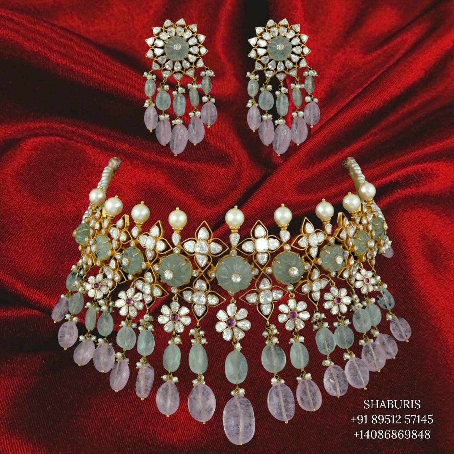 Polki necklaxe inspired designer silver jewelry, silver jewelry ,polki chandbali statement jewelry,polki earrings,diamond earrings -SHABURIS