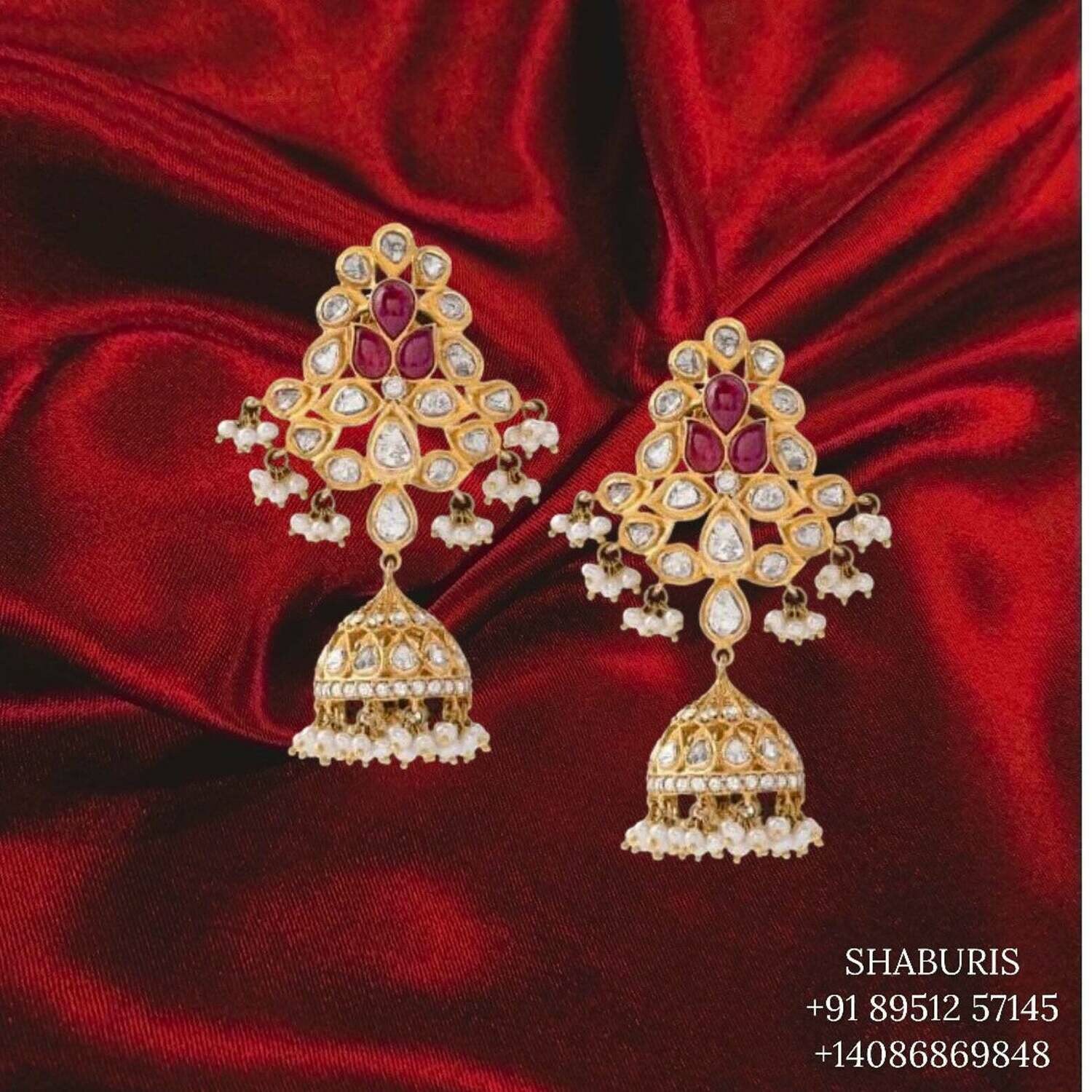 Indian Jewelry,Pure Silver Jewellery,polki earrings diamond jhumka diamond earrings ,Indian Wedding Jewelry-NIHIRA-SHABURIS