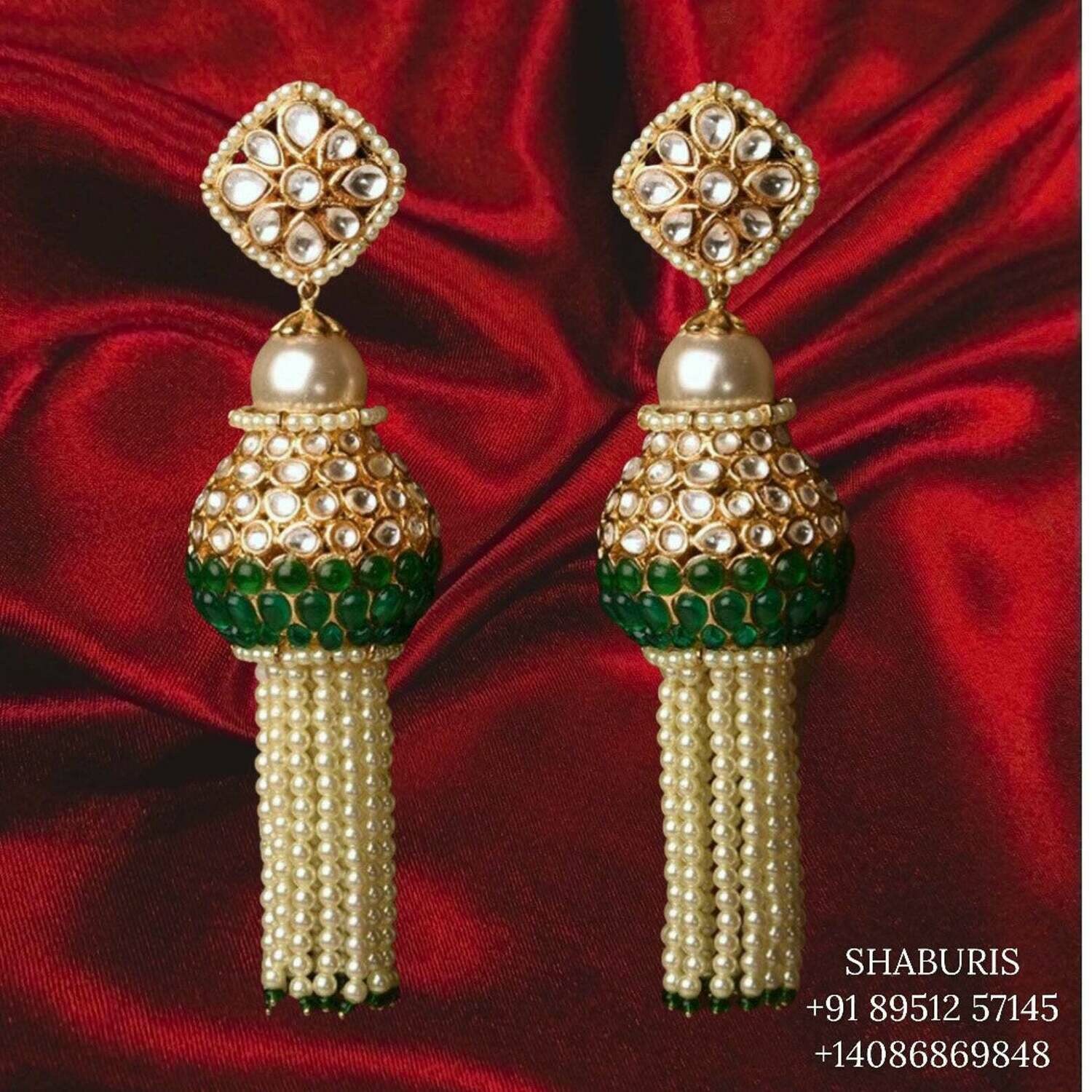 Polki earrings, tassel earrings ,Pure silver jewelry beaded jewelry blue saphire jewelry indian simple tassel earrings -SHABURIS