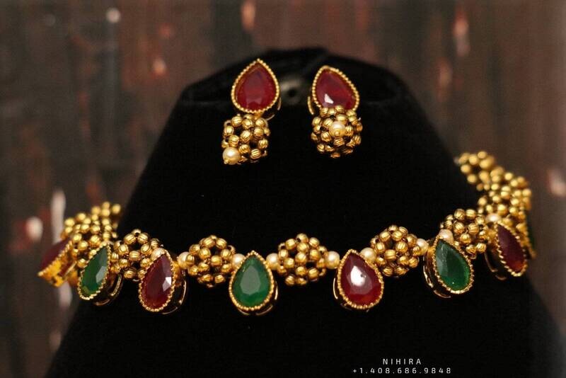 Ruby Emerald Necklace Set with Earrings