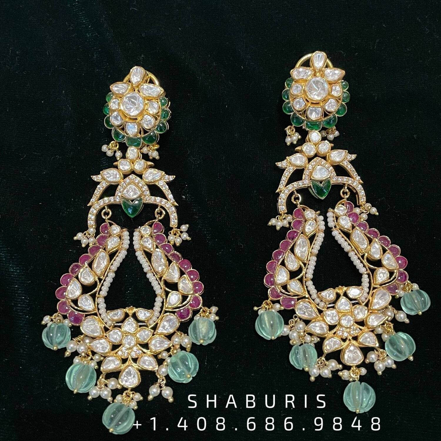 Polki Diamond Jhumka - Diamond Earrings Look a like - Silver Jewelry - SHABURIS