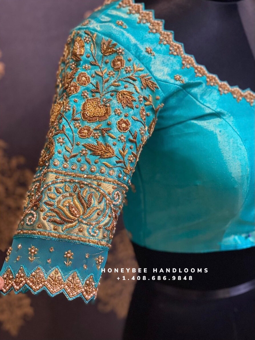 designer blouse - Pattu Saree Blouse -Maggam work blouse - Kundan work blouse - Saree Blouse - Blue Saree Blouse - Blue Blouse