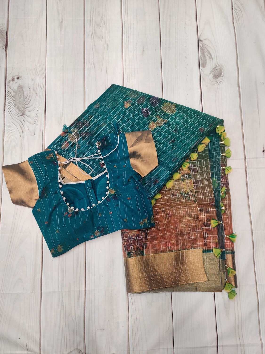 Kora Silk Saree With Stitched Blouse Green Saree