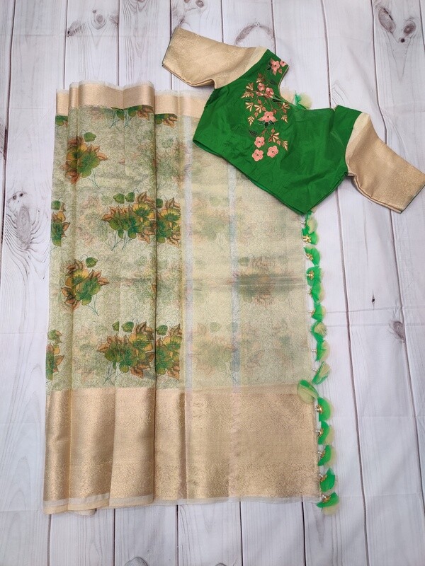 Kora Silk Saree With Stitched Blouse Green Saree