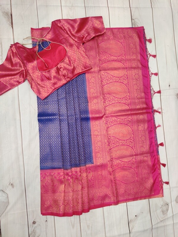 Lyte Weight Pattu Saree With Stitched Blouse Blue Saree