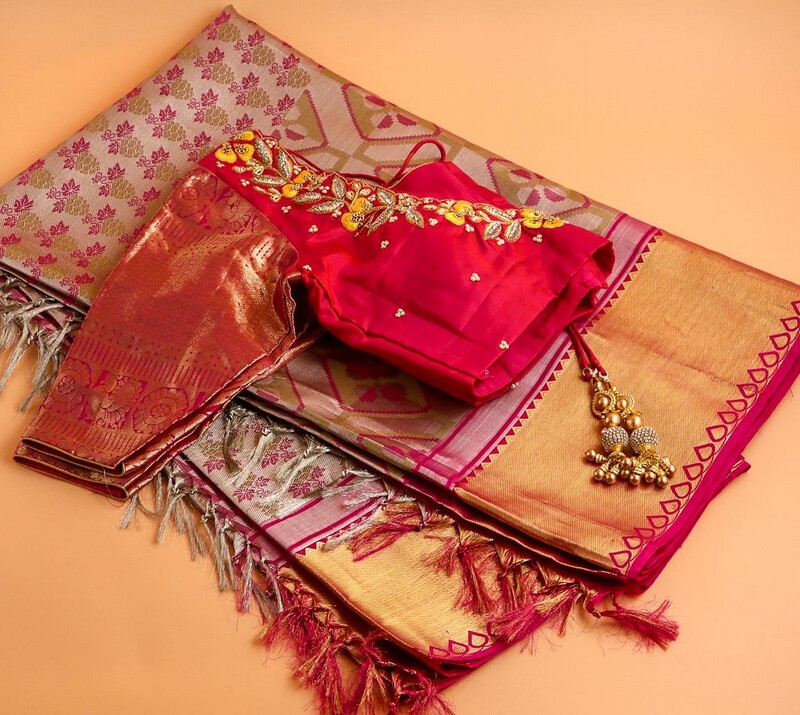 Kanchi pattu Saree Pink Silk Saree Pattu Saree Blue Saree With Stitched Blouse