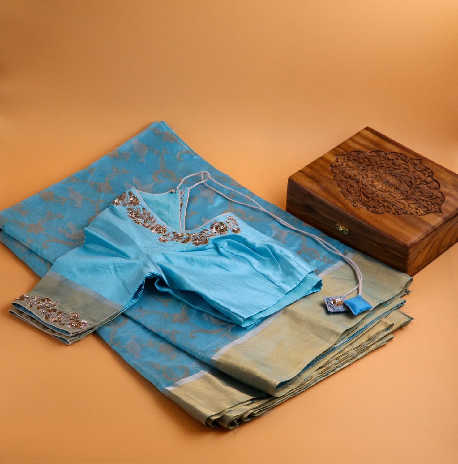 Copper Sulfate Blue Kanchi pattu Pattu Saree with stitched blouse