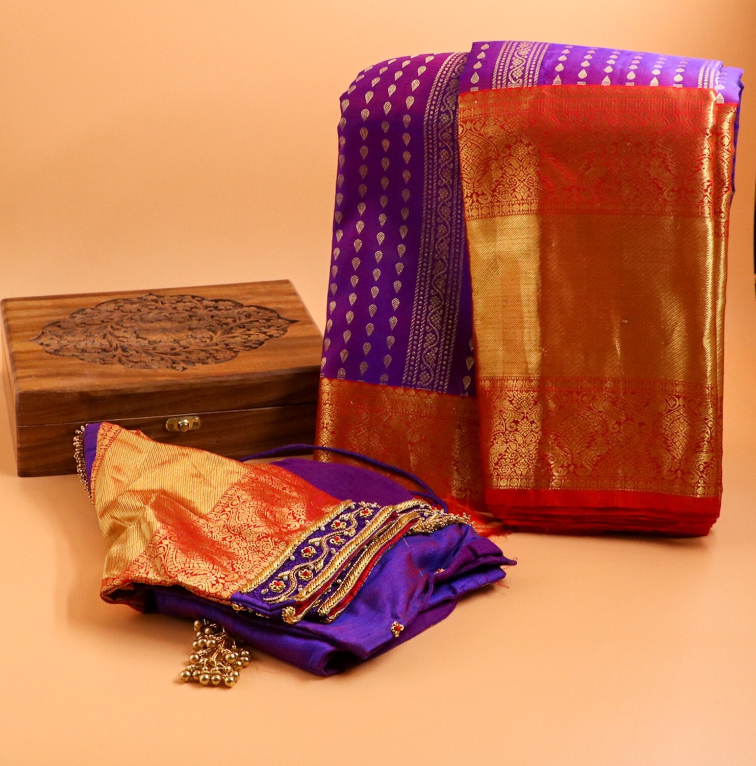 Purple & Red Kanchi pattu Saree with Stitched Blouse - Ready to wear